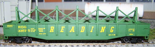 Our Reading GHm plate-steel gondola car after painting and lettering with Reading Modeler Gondola Decals.