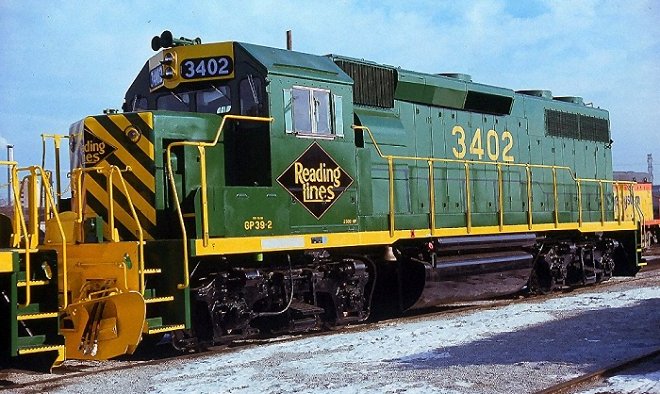 Reading GP39-2 #3402 awaiting delivery at EMD in Illinois.  Photo courtesy Kim Piersol.