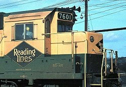 Detail view of Reading SD-45 cab, showing built-out front windshield.